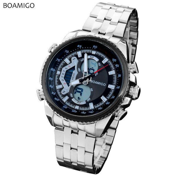 men sports watches dual display analog digital LED Electronic quartz watches BOAMIGO brand steel wristwatches relogio masculino