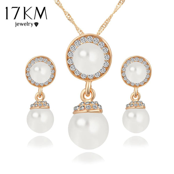 17KM Double Simulated Pearl Jewelry Sets Necklace Earrings Crystal Gold Color Wedding Jewelry Parure Bijoux Femme Joyeria