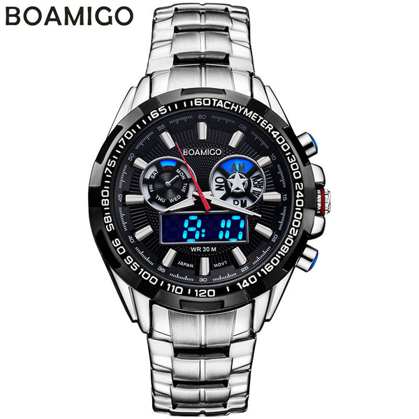 BOAMIGO brand men sport watches analog digital dual display LED quartz watches waterproof steel wristwatches relogio masculino