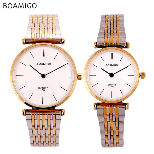 BOAMIGO lovers watches men women dress quartz watches steel band gold silver simple business clock hours watch relogio feminino