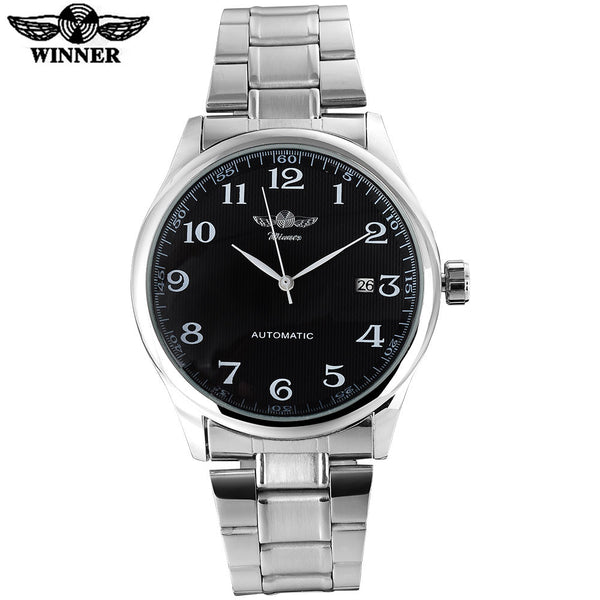 2016 WINNER famous brand men business automatic self wind watches black dial  transparent glass silver case stainless steel band