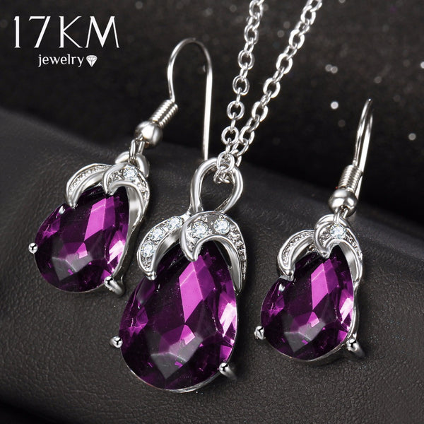 17KM 3 Color Crystal Water Drop Jewelry Set Brand Enamel Charm Choker Statement Necklace Earring Wedding Accessories