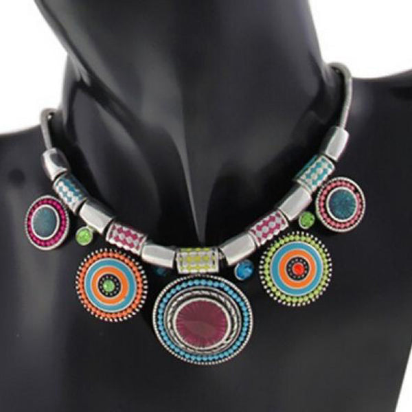 Fashion Choker Necklace 2016 New Ethnic Vintage Silver Plated Colorful Bead Pendant Stat necklace #LN