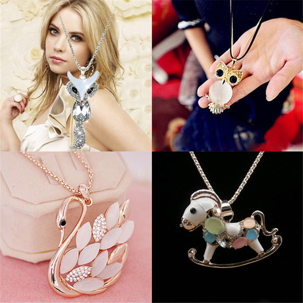 Korea Hot sale Innocence Small Horse and Owl Crystal Sweater Chain Cute Long Necklace for Woman Gift