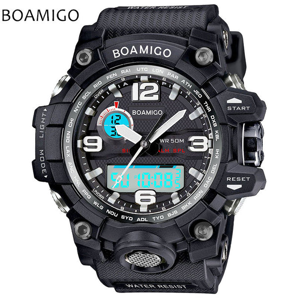 men sports watches dual display analog digital LED Electronic black quartz watches BOAMIGO brand 50M swimming waterproof watch