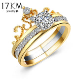 17KM Hot sale Fashion Luxury Gold Color Crystal Cubic Zircon Crown Women Engagement Jewelry Female Wedding Finger Flower Ring