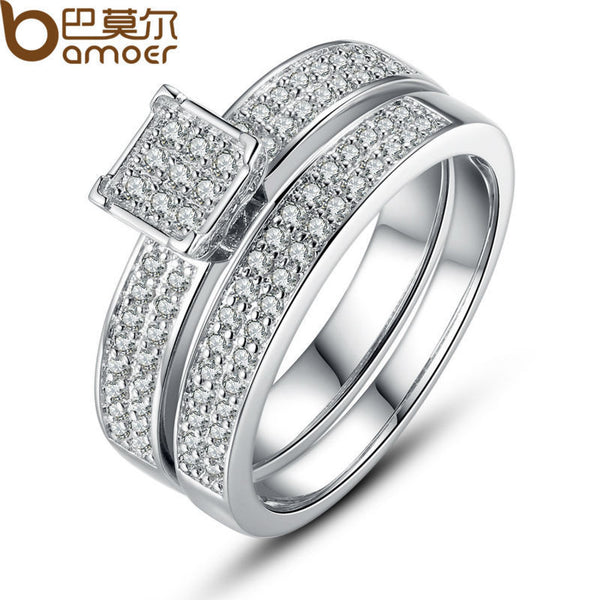 BAMOER Luxury White Gold Color Double Finger Ring for Women with Paved Micro AAA Cubic Zircon Jewelry YIR023