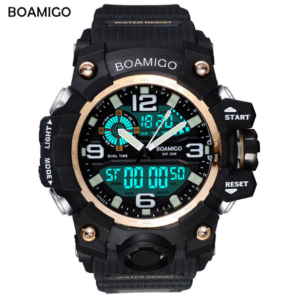 men sport digital watches BOAMIGO brand dual display LED watch swim waterproof wristwatches gold clock with gift box Relogios