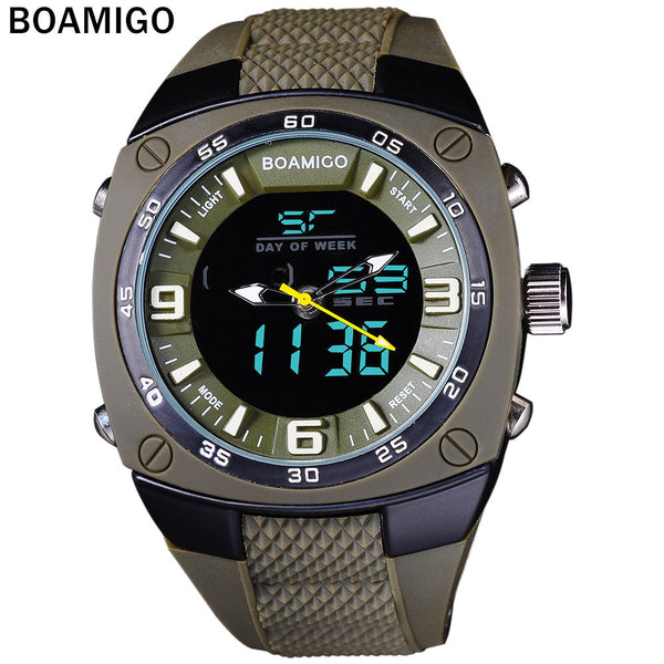 men sports watches military army green outdoor dual display Quartz Digital Watch swim waterproof  rubber band watch  BOAMIGO