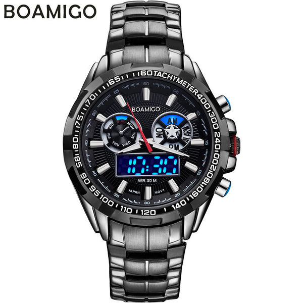 BOAMIGO luxury men sport watches casual brand military dual display LED digital watches hot quartz waterproof steel wristwatches